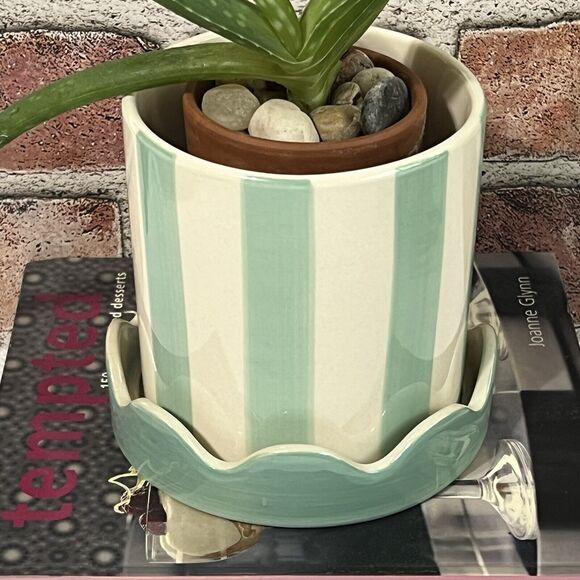 Striped Ceramic Planter Scallop Petal Edge DRAINAGE Attached Saucer Blue Cream - Picture 9 of 12
